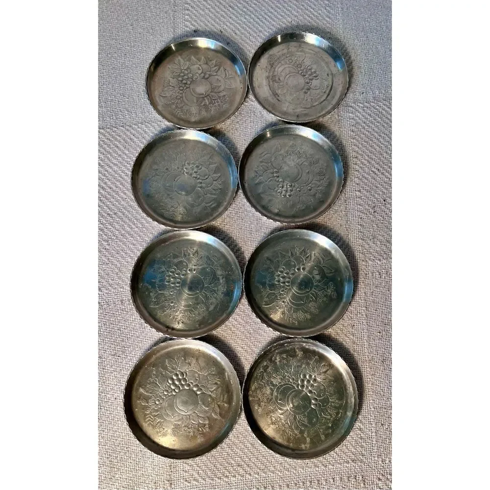 8 Vintage Metal Aluminum Forged Coasters Fruit Flower Pattern Scallop Edge Retro